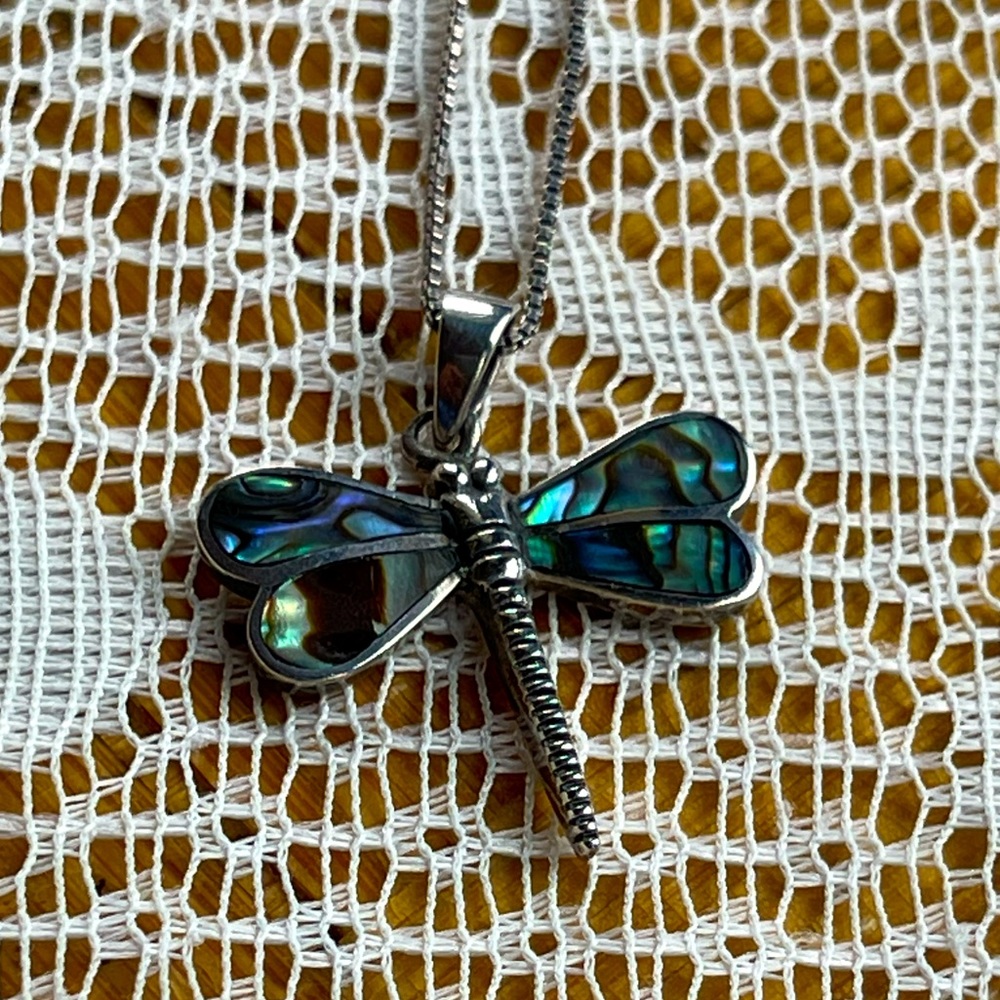 Abolone 925 dragonfly necklace, vintage - Picture 1 of 10
